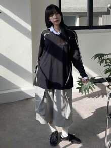 DAZY Women's Contrast Color Block Letter Print Streetwear Sweatshirt,Fall Clothes - Black - View 5