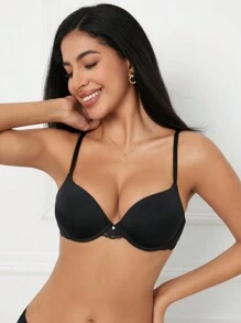 1pc Lace Padded Push Up Brassiere With Underwire - Black - View 8