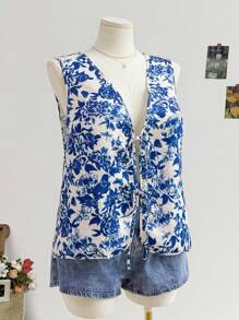 Soleia 大码女式花卉印花休闲宽松抽绳背心上衣，适合秋季、冬季、度假、毕业典礼和返校 - 彩色 - 查看 3