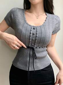 DAZY Women Heart Splice Drawstring Tie-Up Short Sleeve Knit Top