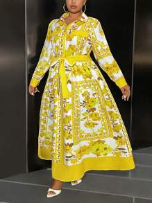 Slaydiva Fall Clothing Gorgeous High Price Palace Women's Plus Size Long Dress Long Sleeve Shirt Style A-Line,Beach Dress Sundress,Holiday Outfits Boho - Yellow - View 2