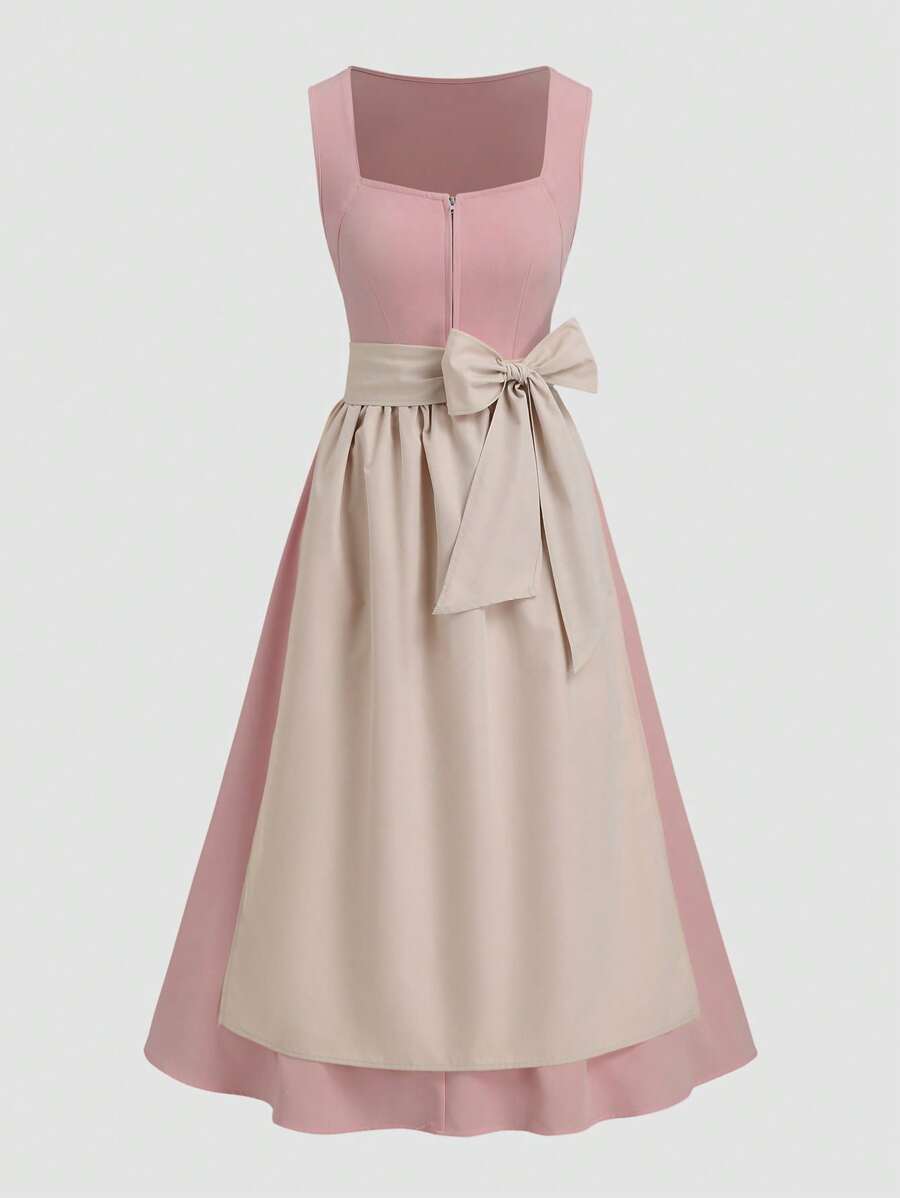 Fairmaia 女士 Dirndl 连衣裙：1 件隐形拉链无袖 Dirndl 连衣裙和 1 件系腰撞色围裙，Dirndl 连衣裙，非常适合巴伐利亚啤酒节/文艺复兴节/万圣节狂欢节/巴伐利亚主题派对 - 粉色 - 查看 1