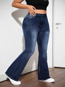 SHEIN EZwear 大码弹力牛仔喇叭牛仔裤，蓝色，带星形水钻装饰 - 深色水洗藍 - 查看 4