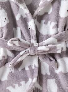 Young Boy Cute Polar Bear Print Hooded Long Sleeve Robe, Warm Sleepwear - Grey - View 4