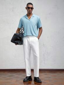 AKNOTIC Business Casual Chemise polo décontractée à col claudine, imprimé lettres, maille ajustée, été - Bleu ciel - Voir 3