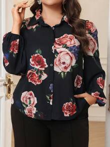 Modelyn 大码女式花卉印花灯笼袖宽松衬衫，春秋季 - 彩色 - 查看 3