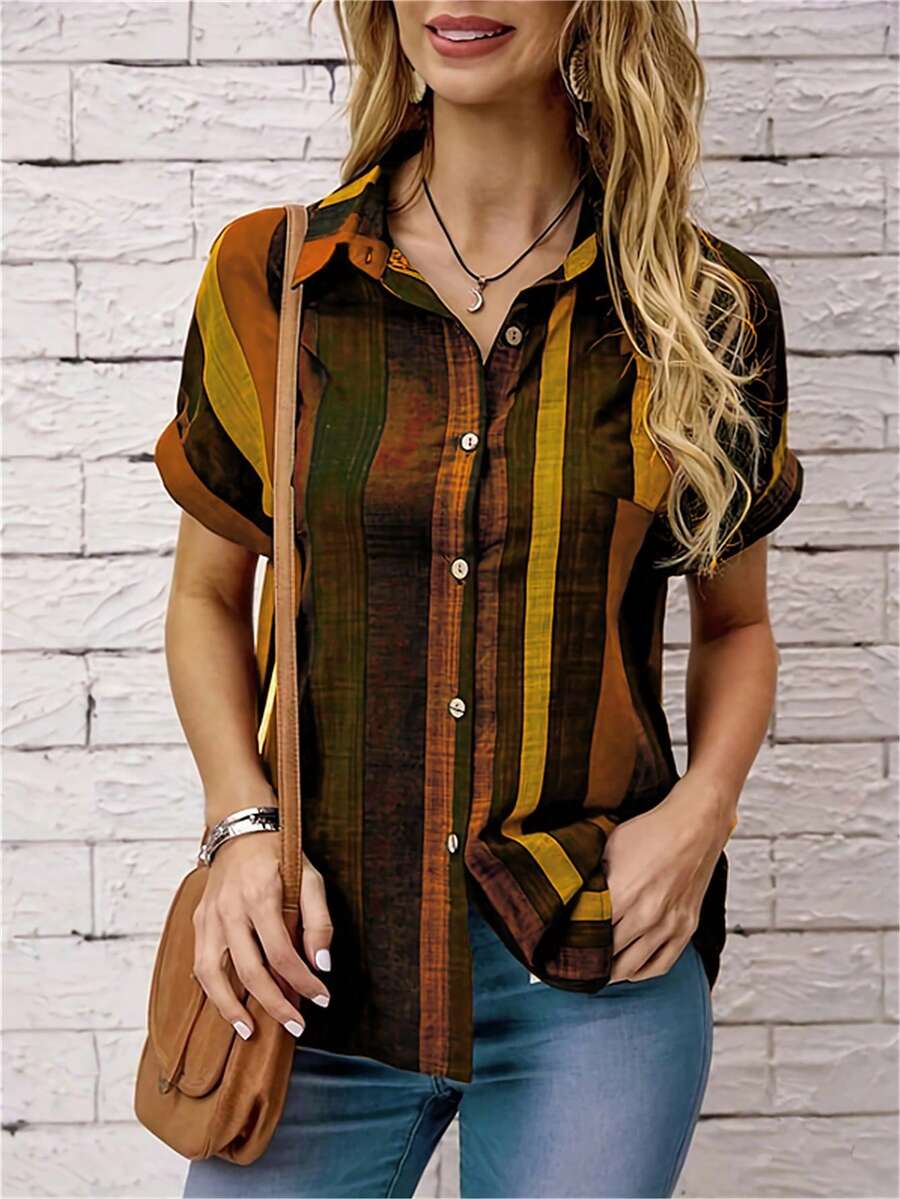 Women's Front Button Striped Print Short Sleeve Shirt, Casual Daily Wear Summer - Yellow - View 1