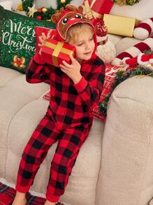 Pijamas de Natal para Menino Jovem, Conjunto de Pijamas Combinando para Festa de Família, Xadrez de Natal, Tecido Quente e Macio de Alta Qualidade, Reunião Familiar, Foto de Férias, Decorações de Natal, Outono e Inverno - Vermelho - Visão 3