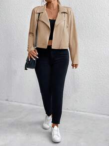 SHEIN LUNE Jachetă motociclistă cu fermoar și rever de mărime mare