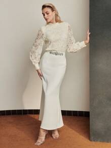 MOTF Soiréza LACE CONTRAST SEQUIN MOCK NECK LANTERN SLEEVE PARTY TOP