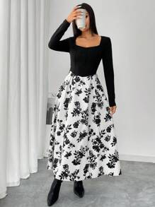 Mulvari 女士春秋优雅拼色花卉印花连衣裙