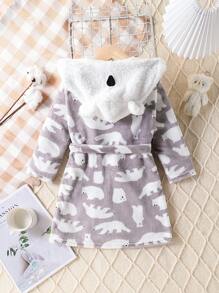 Young Boy Cute Polar Bear Print Hooded Long Sleeve Robe, Warm Sleepwear - Grey - View 2