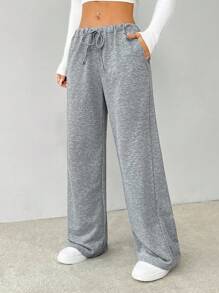 SHEIN PETITE Drawstring Waist Slant Pocket Baggy Sweatpants - Grey - View 4