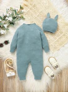 1pc Infant Girls' Casual Apricot Ruffled Sweater Romper - Olive Green - View 2