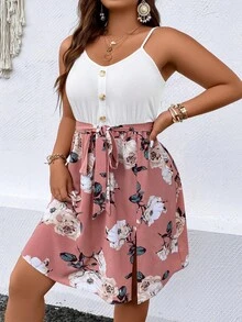 SHEIN Holidaya Váy ngủ họa tiết hoa màu khối thường ngày cỡ lớn cho kỳ nghỉ - Hồng - Xem 5