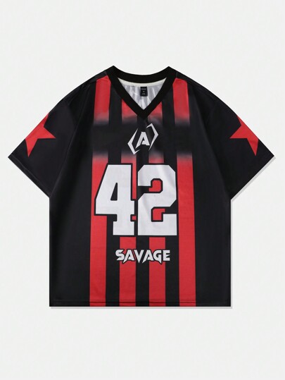 Street Life Men's Summer Fashionable Colorblock Striped Numeric Print Sports Jersey Streetwear T-Shirt