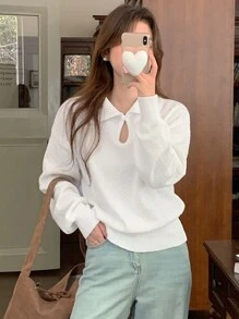 DAZY Women's Hollow Out Drop Shoulder Solid Casual Pullover Collar Sweater,Fall Clothes - White - View 8