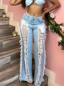 Women's Retro American Street-Style Fashion Ripped Straight Leg Jeans - Light Wash - View 4