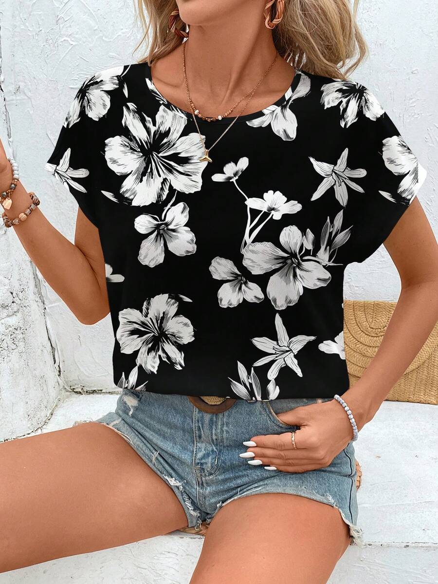 SHEIN LUNE Blouse ronde à imprimé floral décontracté pour femme, adapté pour l'été - Noir - Voir 1