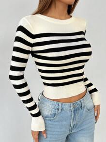 SHEIN PETITE Striped Pattern Ribbed Knit Sweater In Fall/Winter - Black and White - View 7