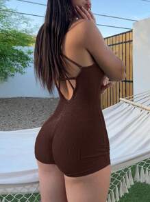 Mono de mujer Mystra de verano, de unicolor, con tirantes finos y espalda descubierta con cruce - Café integral - Ver 3