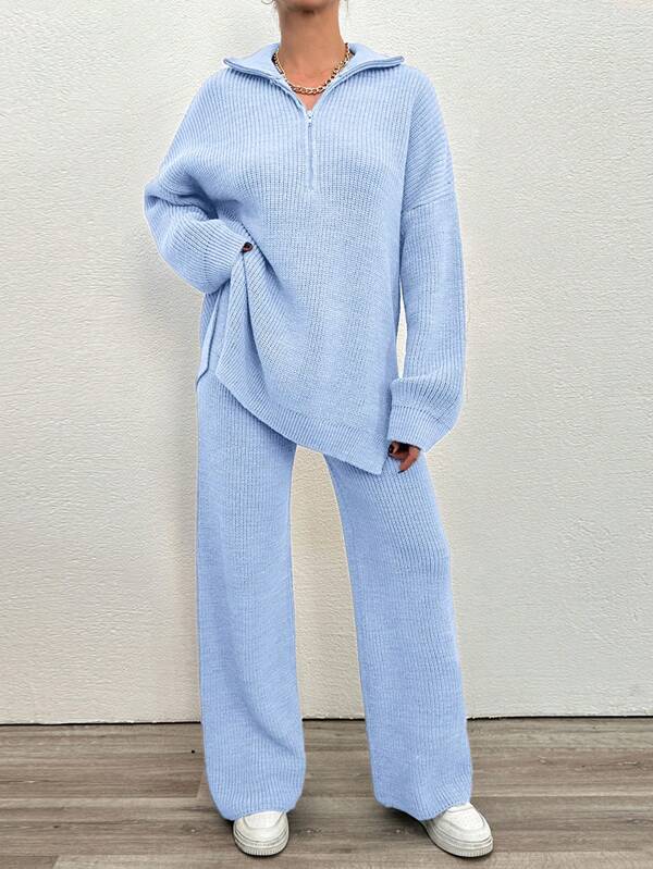 2 pièces Ensemble casual de femme comprenant un pull à demi col montant et manches dolman de couleur unie et un pantalon en tricot, automne hiver
