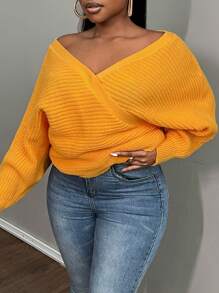 Slaydiva 女式大码纯橙色 V 领系带长袖毛衣，休闲秋冬 - 橘色 - 查看 10