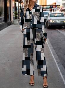 SHEIN Clasi 2pcs Abstract Geometric Print Long Sleeve Top And Wide Leg Pants Set For Women, Suitable For Autumn And Winter - Multicolor - View 4