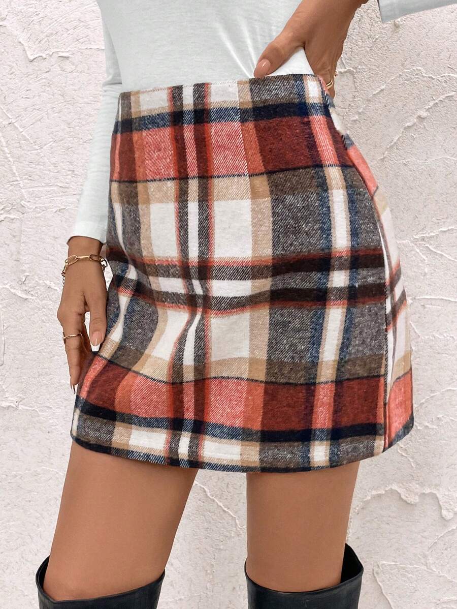 SHEIN Clasi 女式格子设计修身优雅迷人时尚迷你裙 - 鏽棕色 - 查看 1