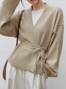 Dazy-Less 落肩系带开衫，长袖上衣，复古风格商务休闲女装，秋季服装