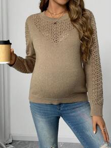 SHEIN Maternity Round Neck Hollow Out Solid Color Long Sleeve Casual Sweater, Autumn/Winter - Khaki - View 1