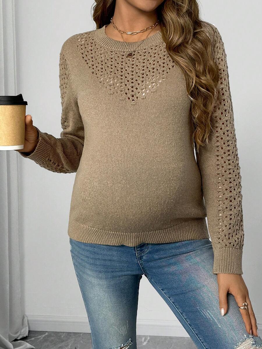 SHEIN Maternity Round Neck Hollow Out Solid Color Long Sleeve Casual Sweater, Autumn/Winter - Khaki - View 1