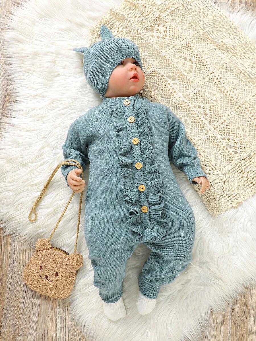 1pc Infant Girls' Casual Apricot Ruffled Sweater Romper - Olive Green - View 1