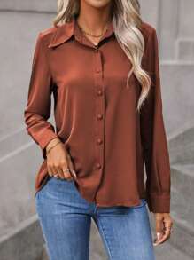 Blusa de manga larga de unicolor marrón casual para mujer, para primavera/verano/otoño, blusas de manga larga, tops de manga larga - Óxido marrón - Ver 3