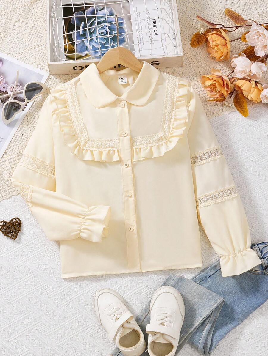 SHEIN Áo sơ mi dài tay cổ Peter Pan, bèo nhún, cài nút, kiểu dáng thường ngày, thời trang dành cho bé gái tuổi teen. - Màu be - Xem 1