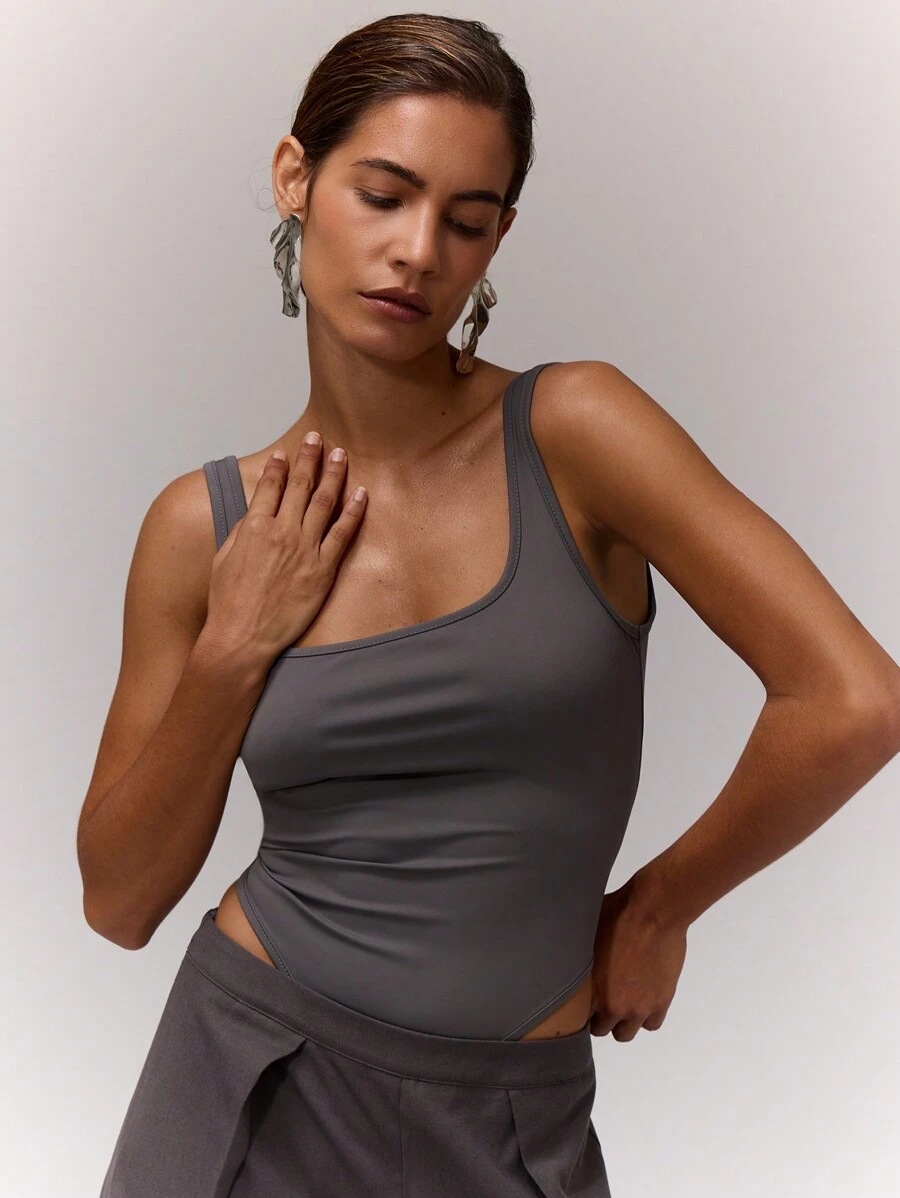 MUSERA Square Neck Thong Tank Bodysuit Casual Summer Vacation Evening Spring - Grey - View 1