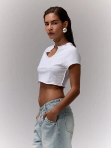 MUSERA Notch Neck Fitted Cropped Top Vacation Spring Summer Fall