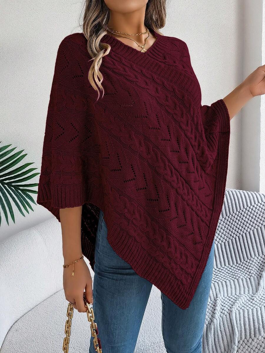 Autumn/Winter Handmade Hollow Out Cable Knit V-Neck Poncho Sweater,Sleeveless Tops - Burgundy - View 1