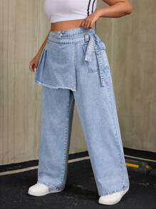 SHEIN ICON Plus Size Women's Wide Leg Loose Washed Baggy Jeans With Side Button Design - Light Wash - View 5