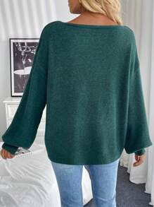 SHEIN LUNE Damen Einfarbiger Rundhals Dropped Shoulder Langarm Locker Lässig Pullover, Herbst/Winter, Strick Pullover Herbst - Dunkelgrün - Übersicht 2
