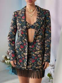 VERO DIAZ Frida Kahlo X SHEIN X Designer 商务休闲花卉和蝴蝶印花翻领西装外套，节日、感恩节、春季、节日、办公室 - 彩色 - 查看 4