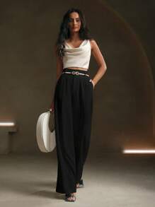 Anewsta Pantalones de traje modernos y urbanos de unicolor con adorno metálico en los bolsillos - Negro - Ver 5