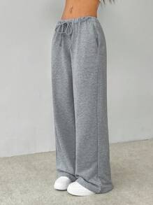 SHEIN PETITE Drawstring Waist Slant Pocket Baggy Sweatpants - Grey - View 7