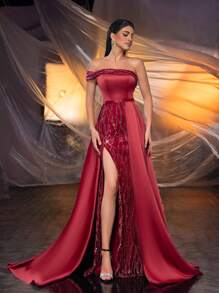 SHEIN Belle Elegant Glamorous Red Sequin Patchwork Silky Satin Off-Shoulder Thigh-High Slit Dress, Suitable For Vacation, Wedding, Graduation, Party, Prom, Formal Occasion (Heavily Embellished), Evening Dress, For Wedding Guest Dinner