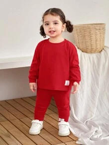 2 件套女婴可爱字母针织弹力上衣和宽松腰带裤子套装，秋冬季 - 紅色 - 查看 4