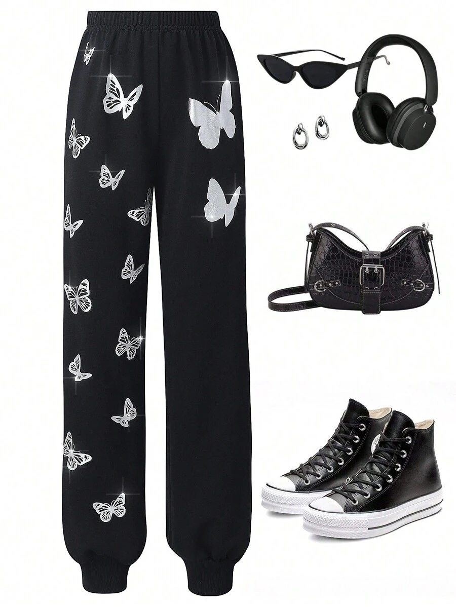 SHEIN Tween Girls Butterfly Print Fashionable Drawstring Sweatpants - Black - View 1