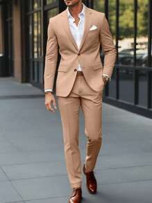 Manfinity Mode Men's Solid Button Front Long Sleeve Jacket And Pocket Design Trousers Suit - Khaki - View 1