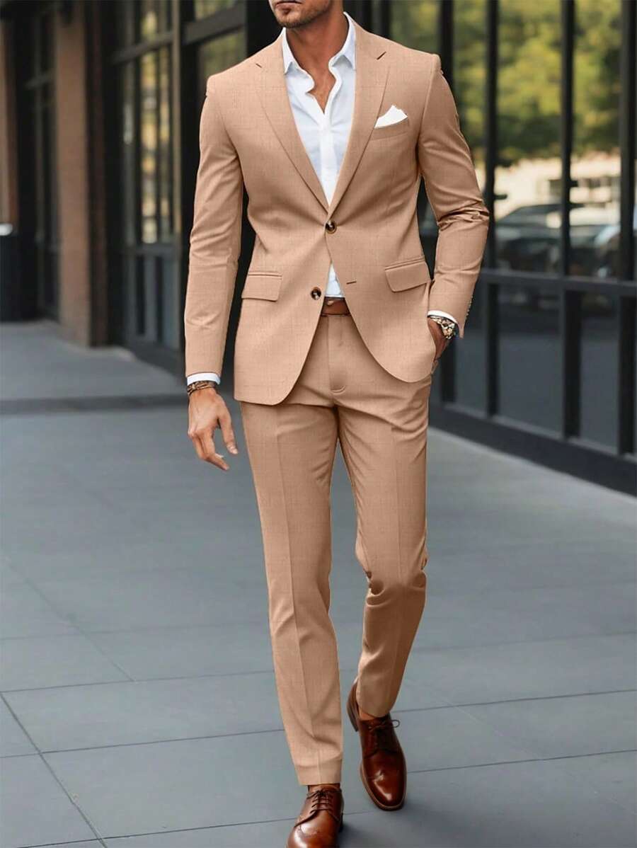 Manfinity Mode Men's Solid Button Front Long Sleeve Jacket And Pocket Design Trousers Suit - Khaki - View 1