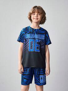 SHEIN 2pcs Tween Boy's Printed Short Sleeve T-Shirt And Sweatpants Sports Outfit - Black - View 4