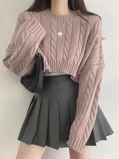 DAZY 女士纯色落肩长袖短款毛衣、长袖上衣、秋装